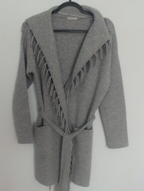 J McLaughlin Women's Gray Fringe Hooded Belted Cardigan
